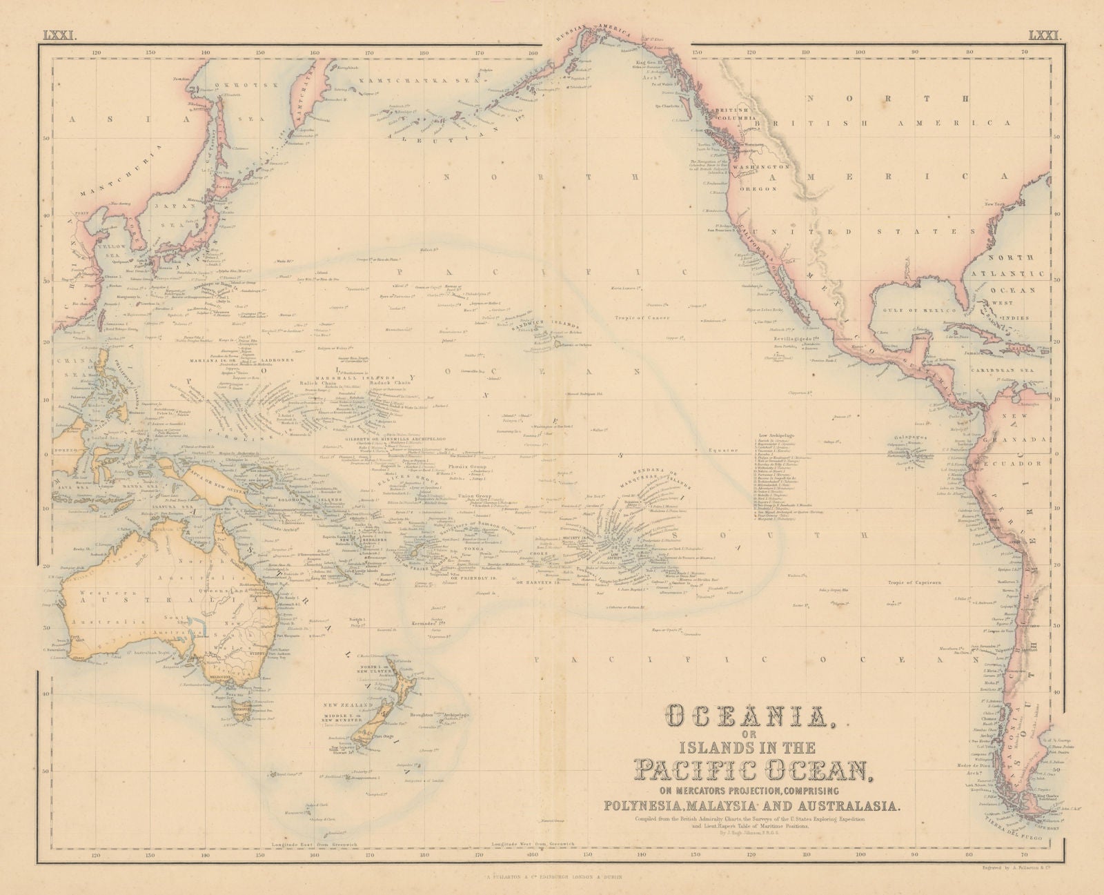 Oceania or Islands in the Pacific Ocean. Polynesia Melanesia FULLARTON c1863 map
